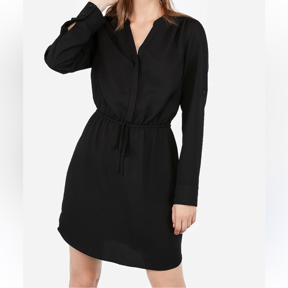 Aritzia Babaton Lexington Black long sleeve satin mini shirt Dress